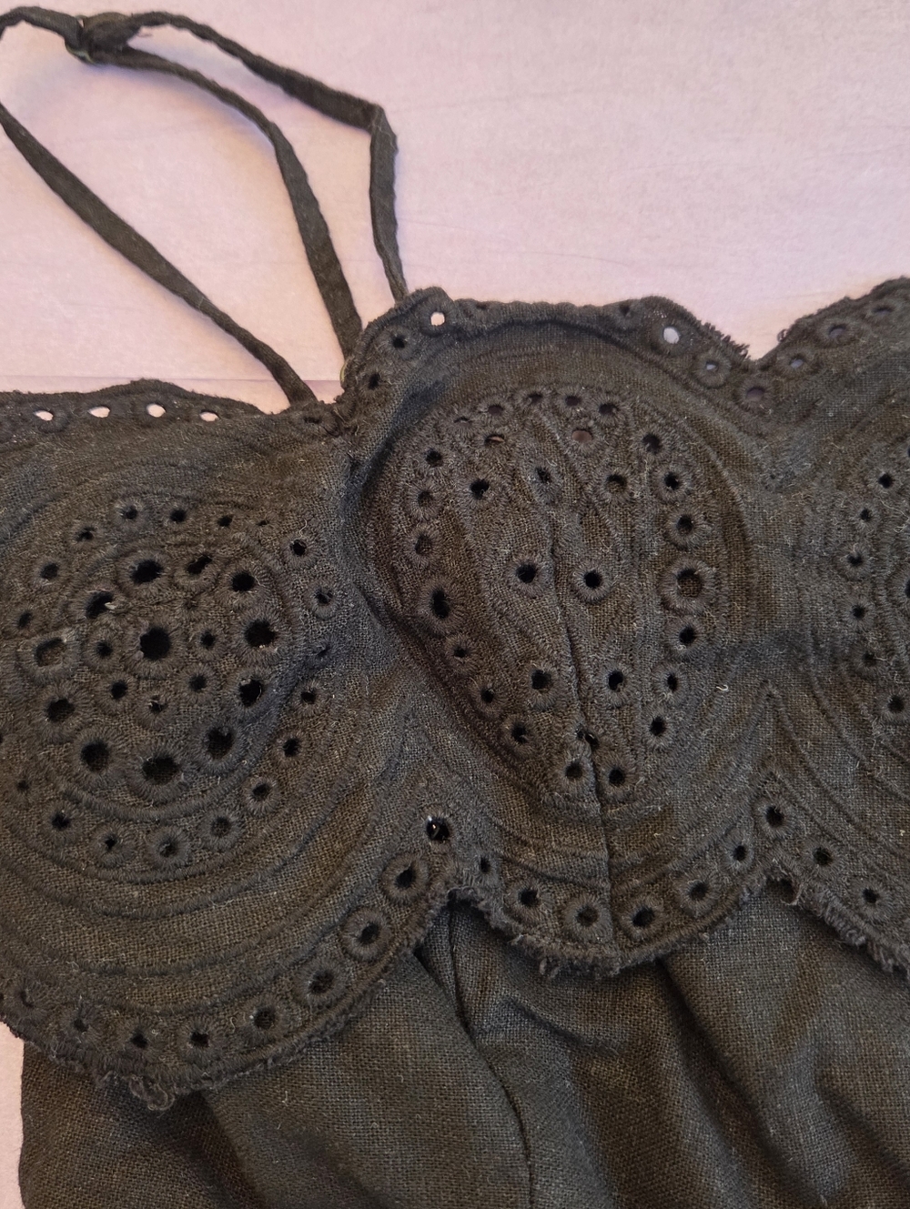 Sigrid Olsen Linen Crop Top Artisan Crafted Eyelet Scalloped Black L Smock Back - Picture 4 of 11